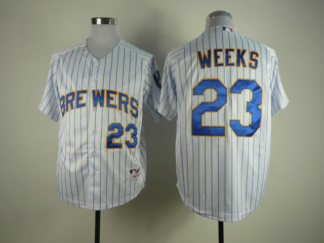 Men Milwaukee Brewers #23 Weeks White Stripe MLB Jerseys->milwaukee brewers->MLB Jersey